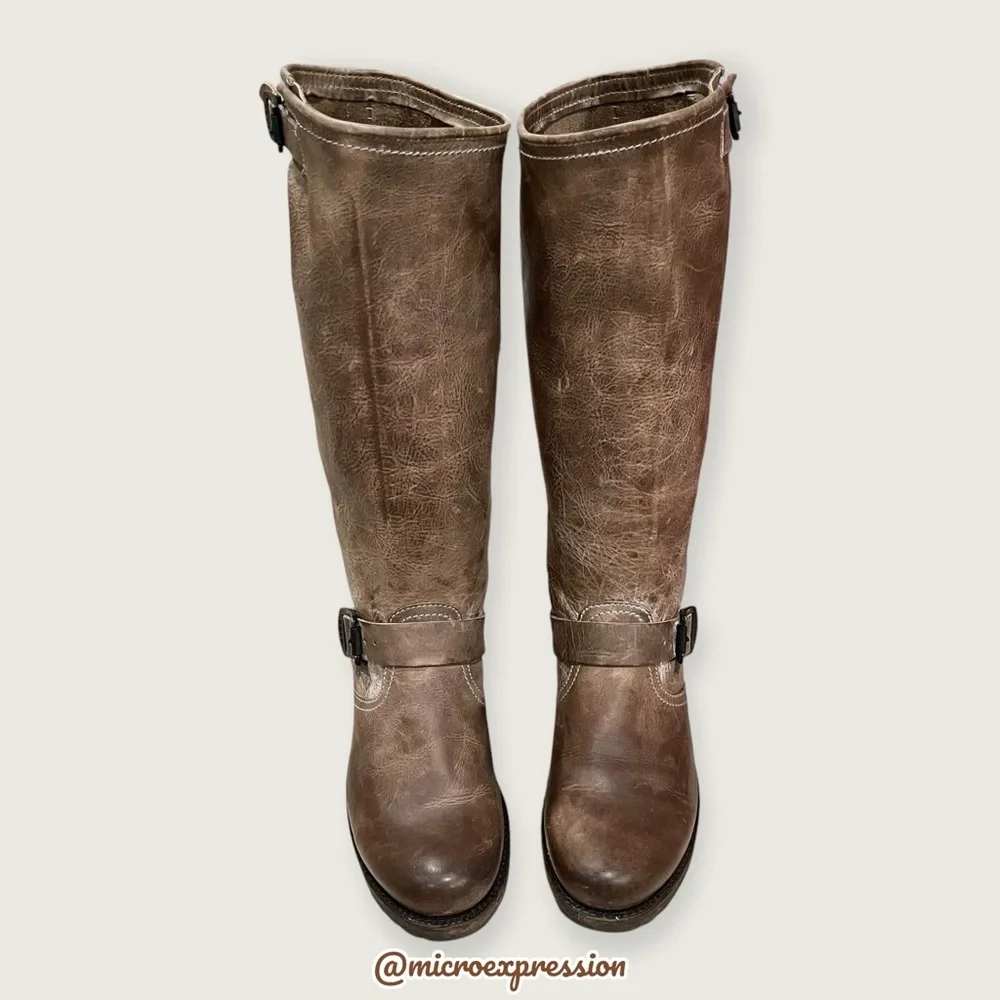 $399 Frye Veronica Slouch Tan Brown Tan Leather Engineer Moto Tall Buckle Boot